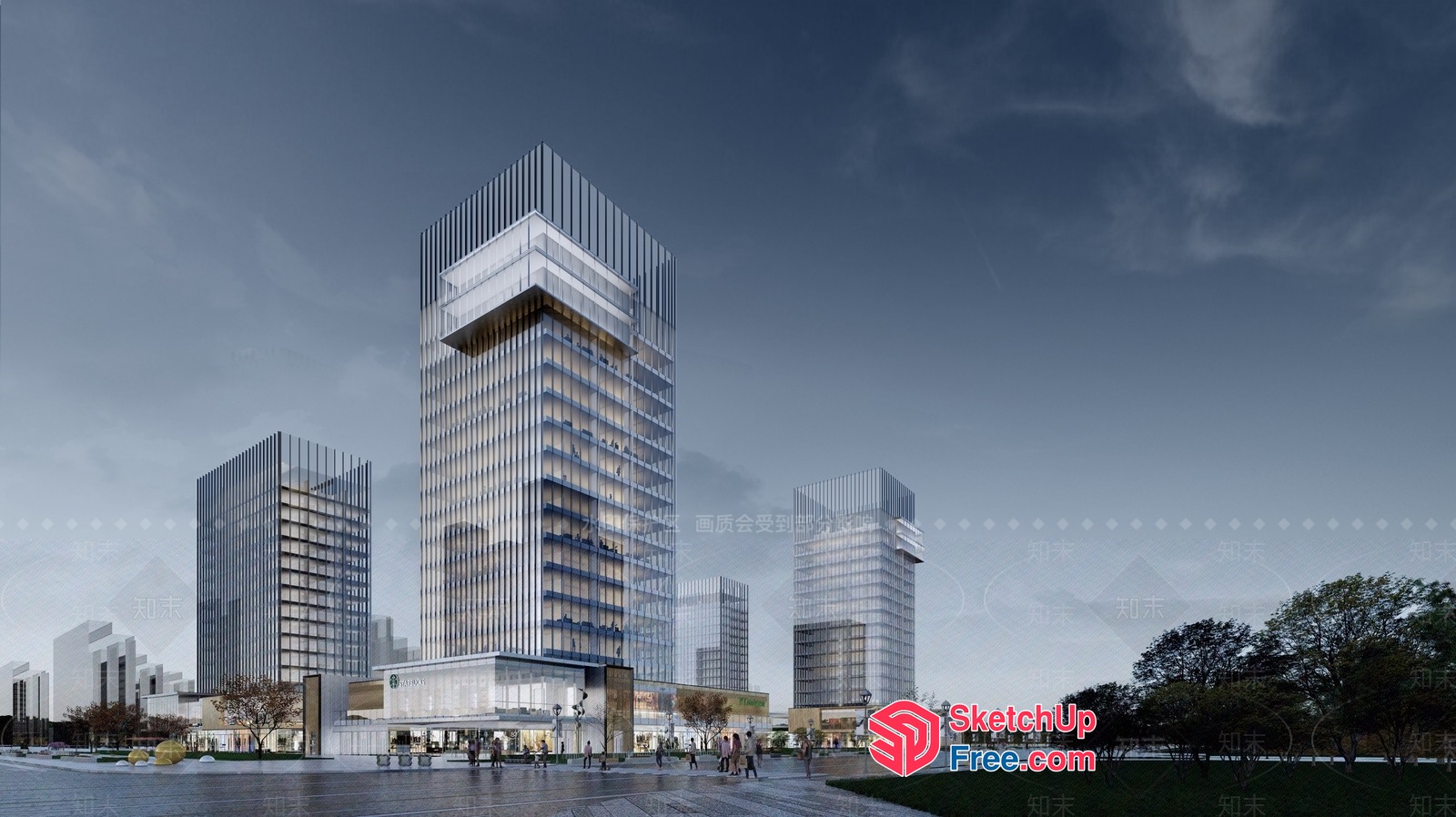 Modern Office Building With Glass Curtain Wall 3D SketchUp File