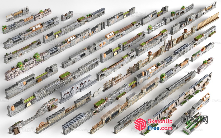 Stone Wall Decorations With Various Architectural Elements 3D SketchUp File