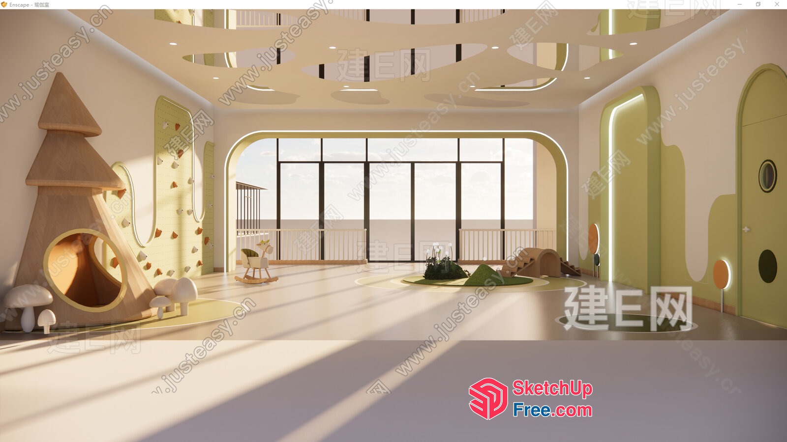 Modern Children'S Playroom With A Treehouse And Rock Climbing Wall 3D SketchUp File
