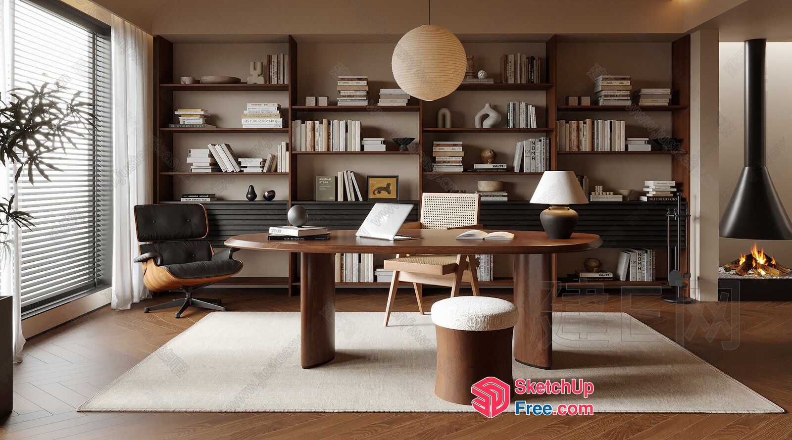 Elegant Modern Living Room With Bookshelves And Fireplace 3D SketchUp File