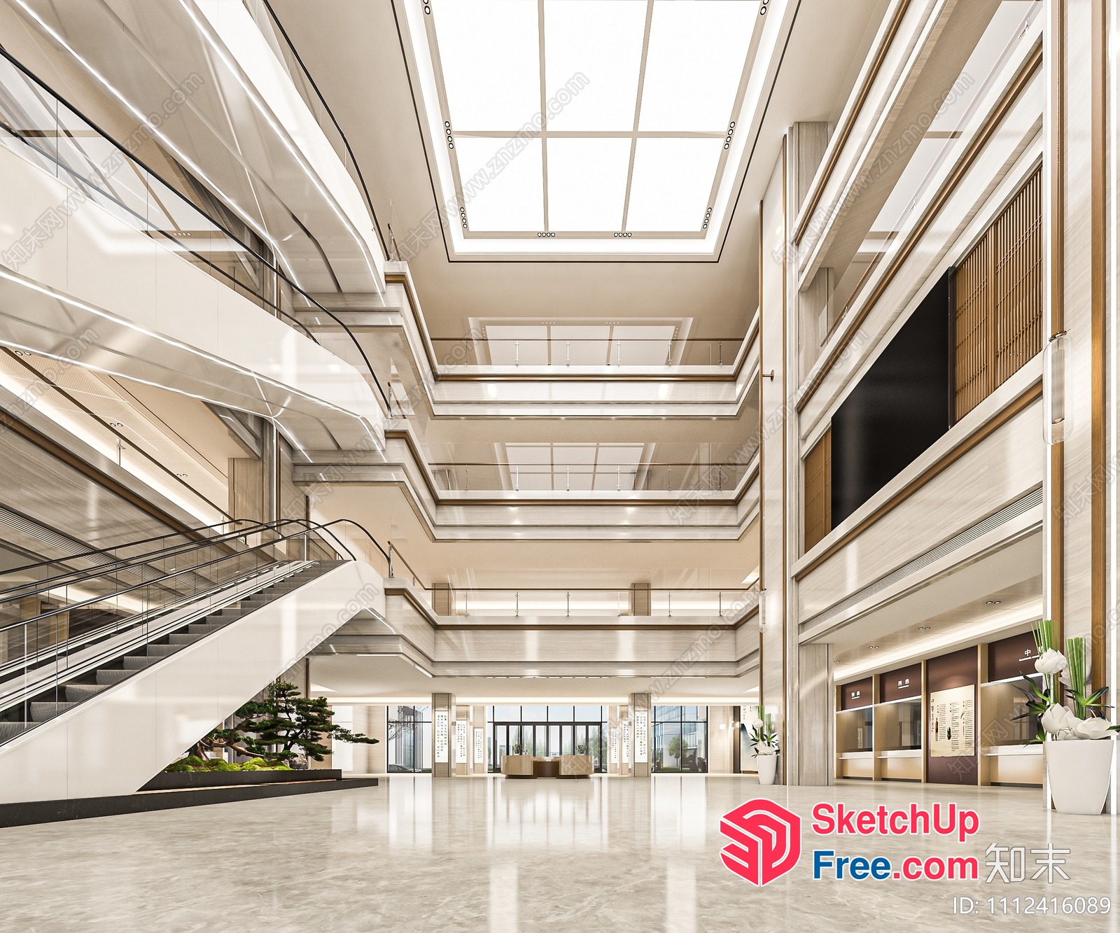 Modern Office Building Interior With Elegant Stairway And Elevators 3D SketchUp File