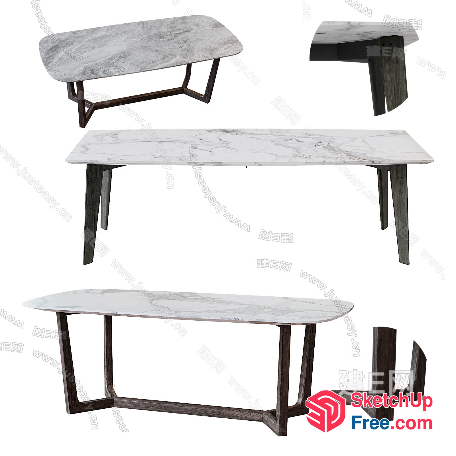 Elegant White Marble And Dark Wood Coffee Table Set 3D SketchUp File