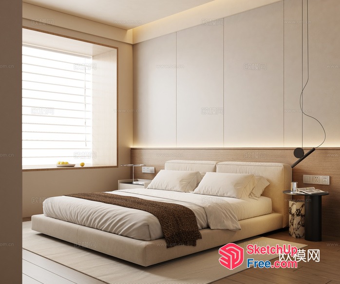 Minimalist Style Bedroom With Creamy And Brown Accents 3D SketchUp File