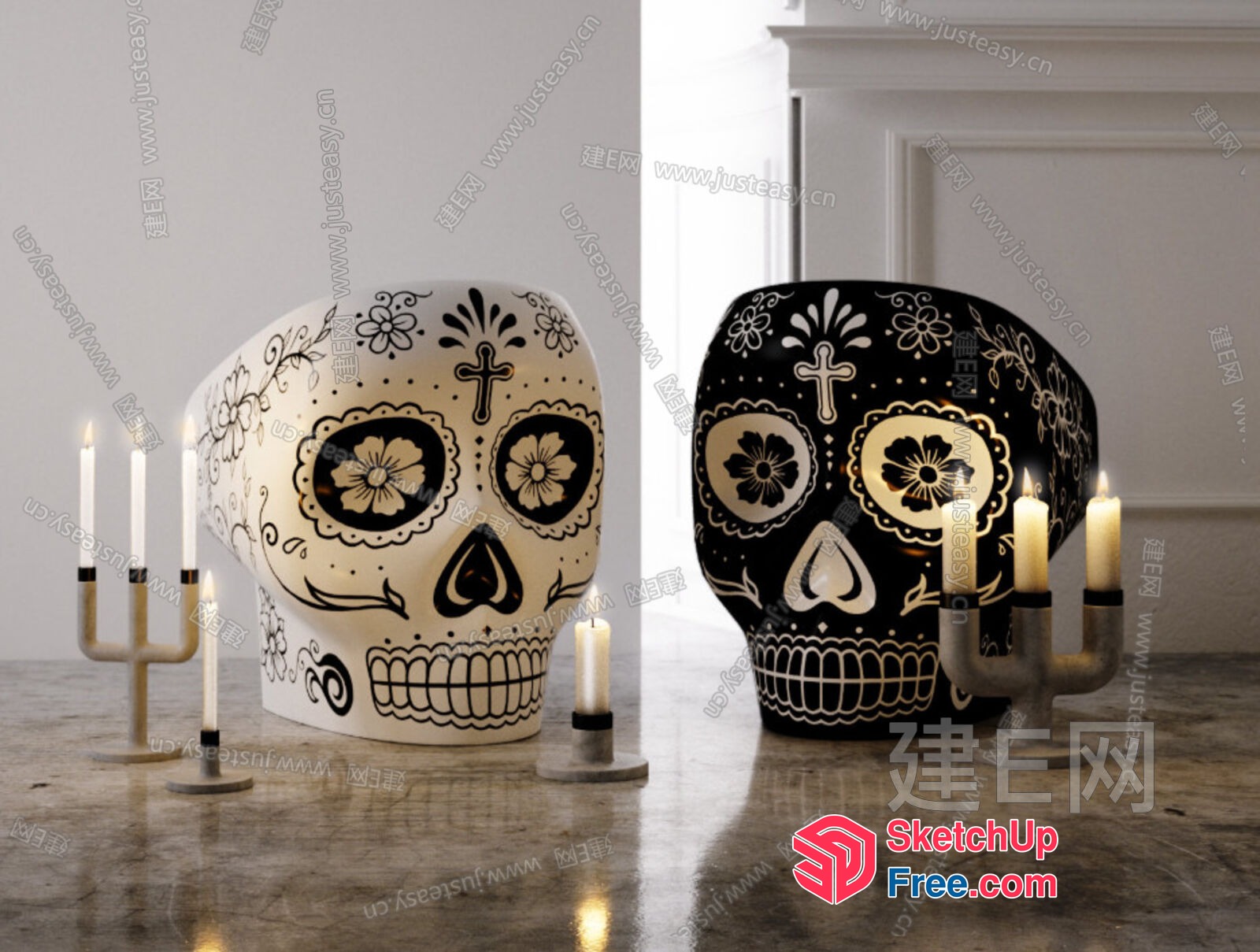 Ornate Skulls And Candelabras In A Brightly Lit Room 3D SketchUp File