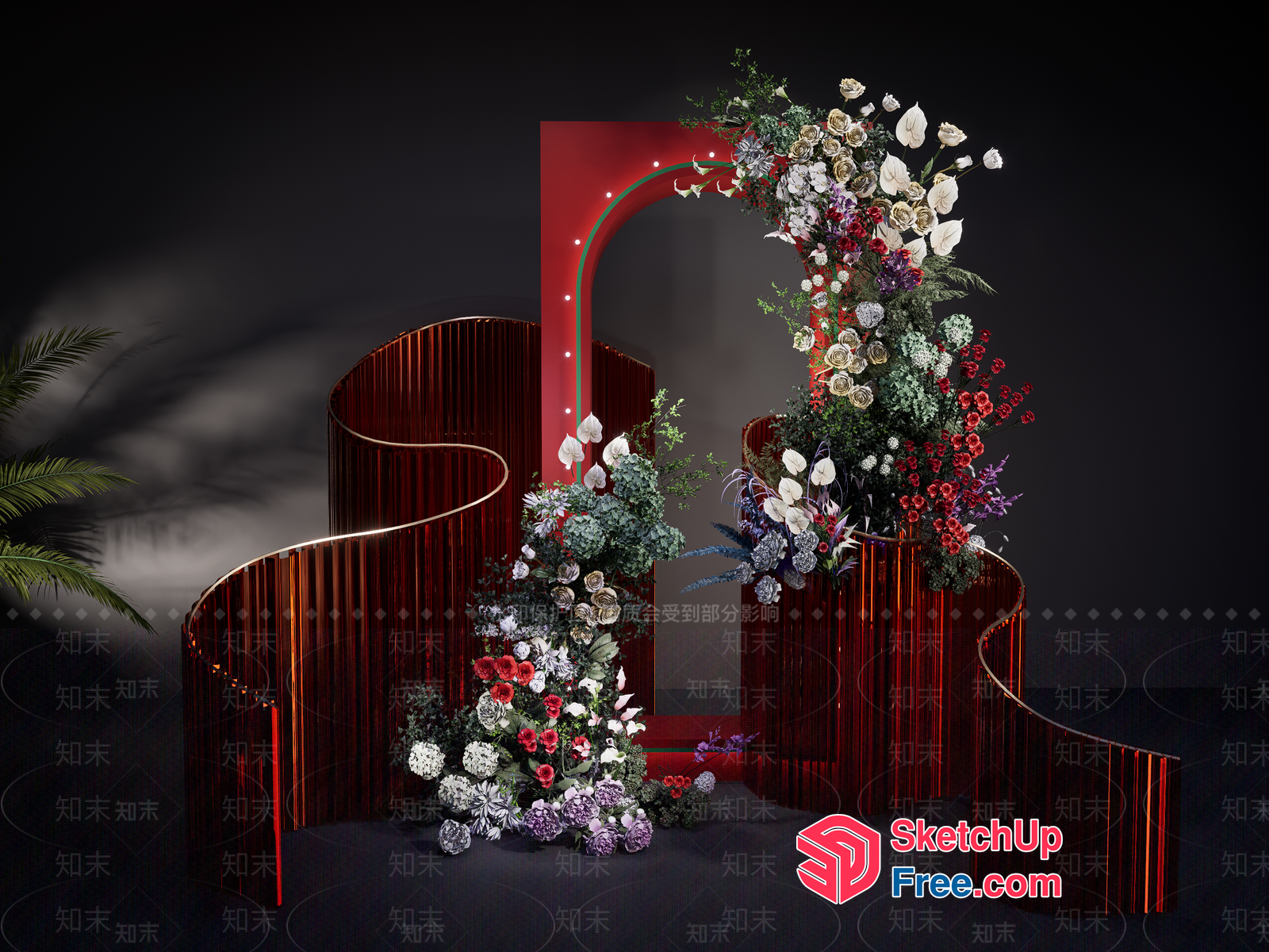 Ornate Red Archway With Elegant Floral Arrangement 3D SketchUp File