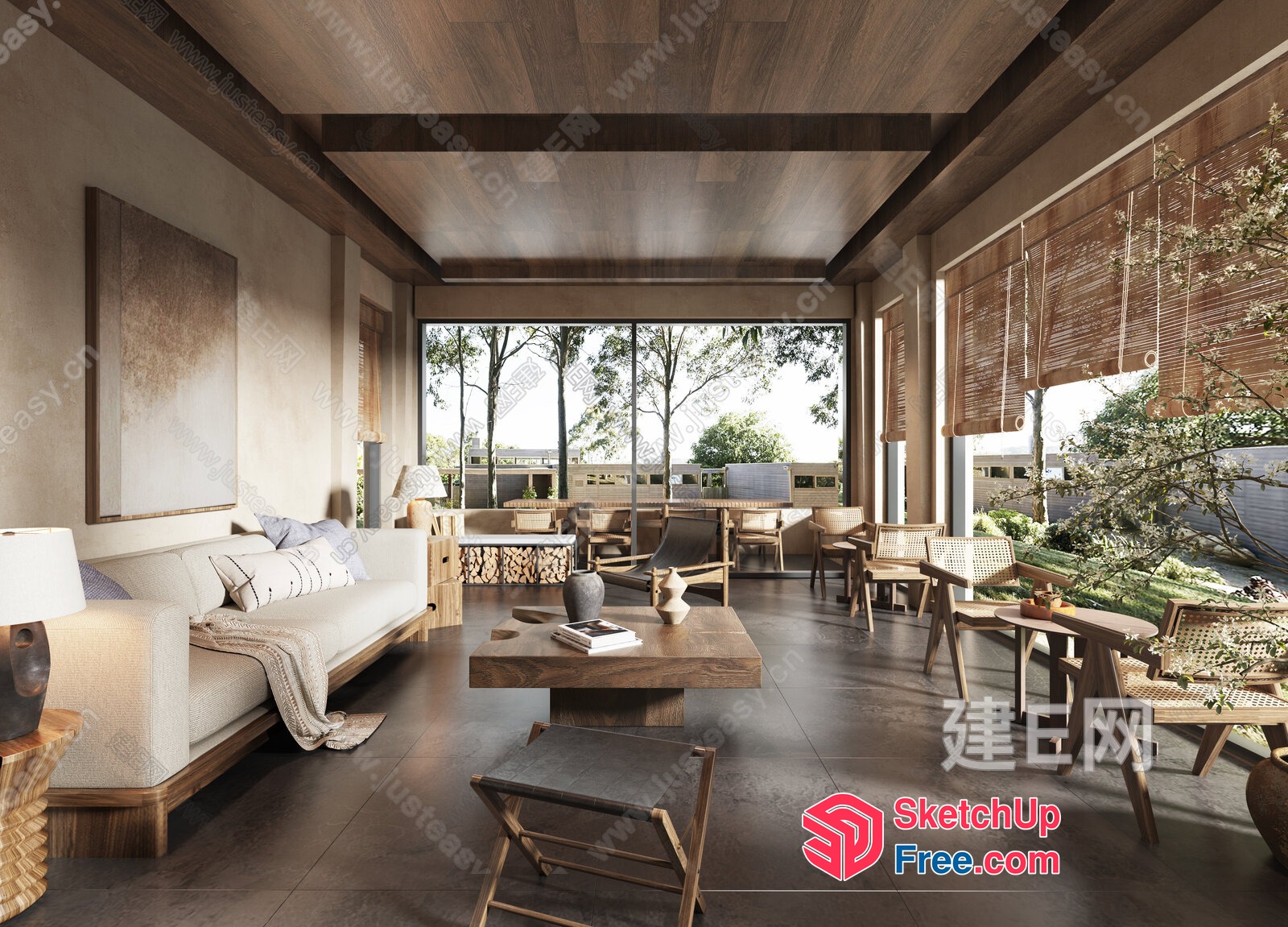 Modern Japanese-Inspired Living Room With Natural Elements 3D SketchUp File