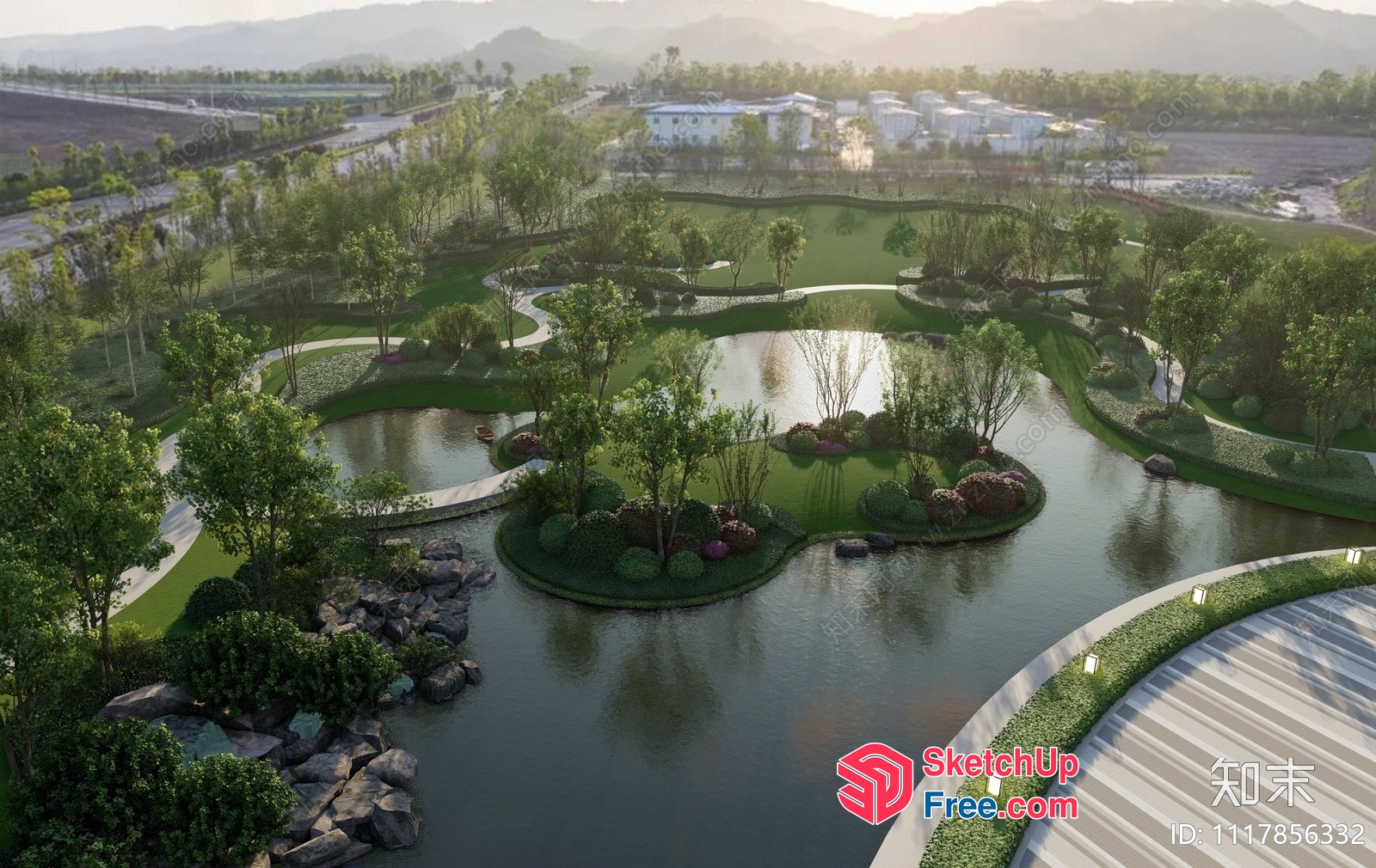 Serene Landscape Park With Water Features And Greenery 3D SketchUp File