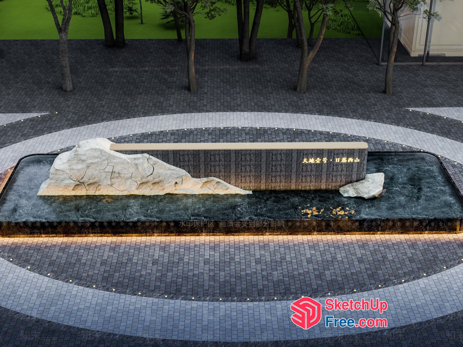 Asian-Inspired Water Feature With Stone And Lighting 3D SketchUp File
