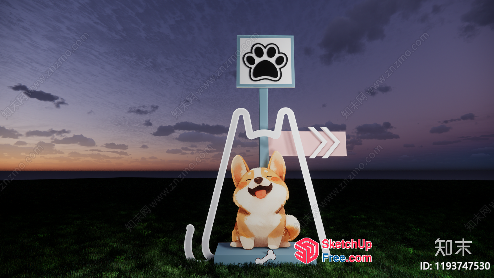 Corgi Statue With Dog Paw Sign 3D SketchUp File