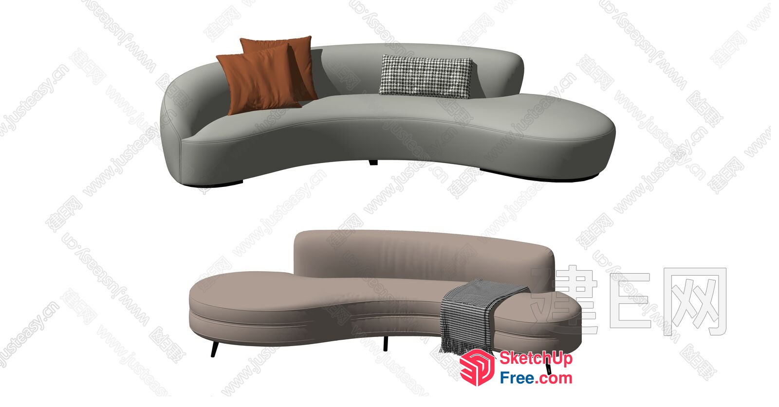 Curved Sofa With Pillows And Throw 3D SketchUp File