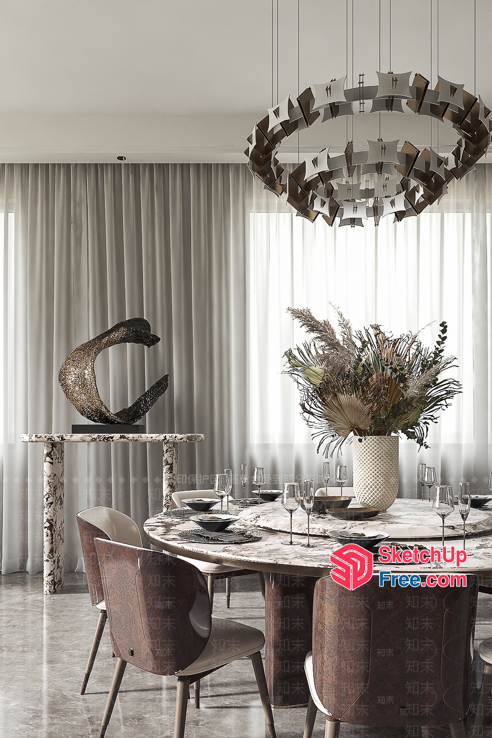 Elegant Dining Room With Modern Chandelier And Art Piece 3D SketchUp File