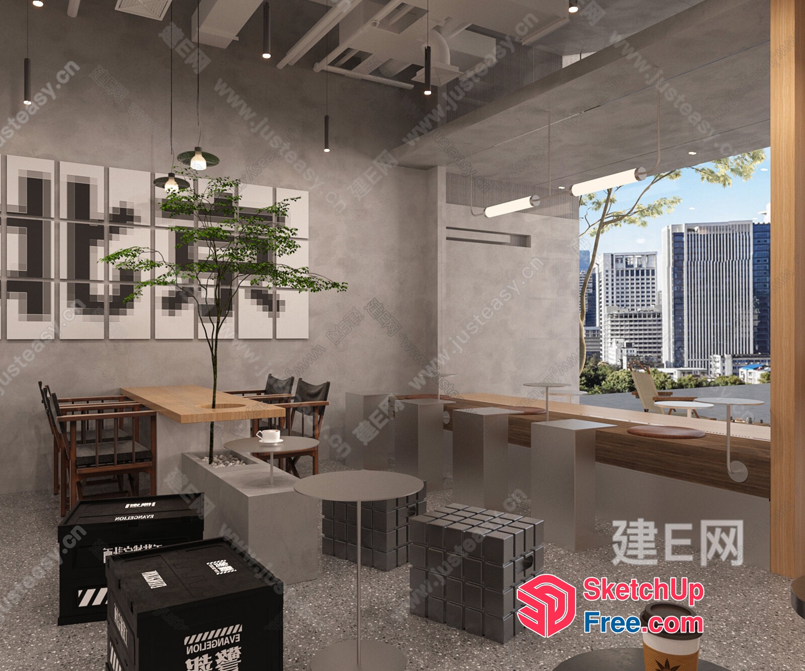 Modern Industrial Coffee Shop Interior 3D SketchUp File