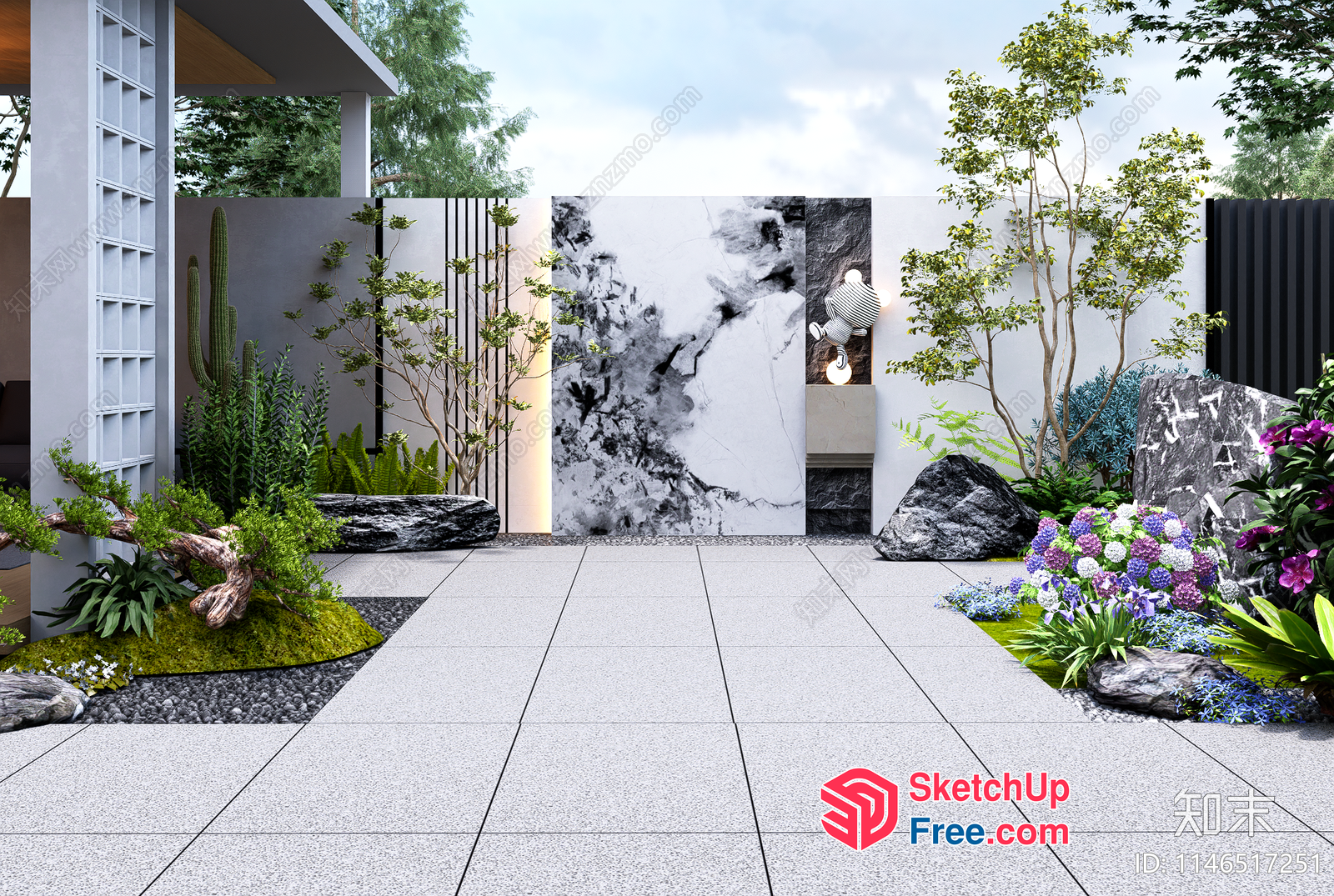 Modern Japanese-Inspired Garden With Sleek Stone Pathway 3D SketchUp File