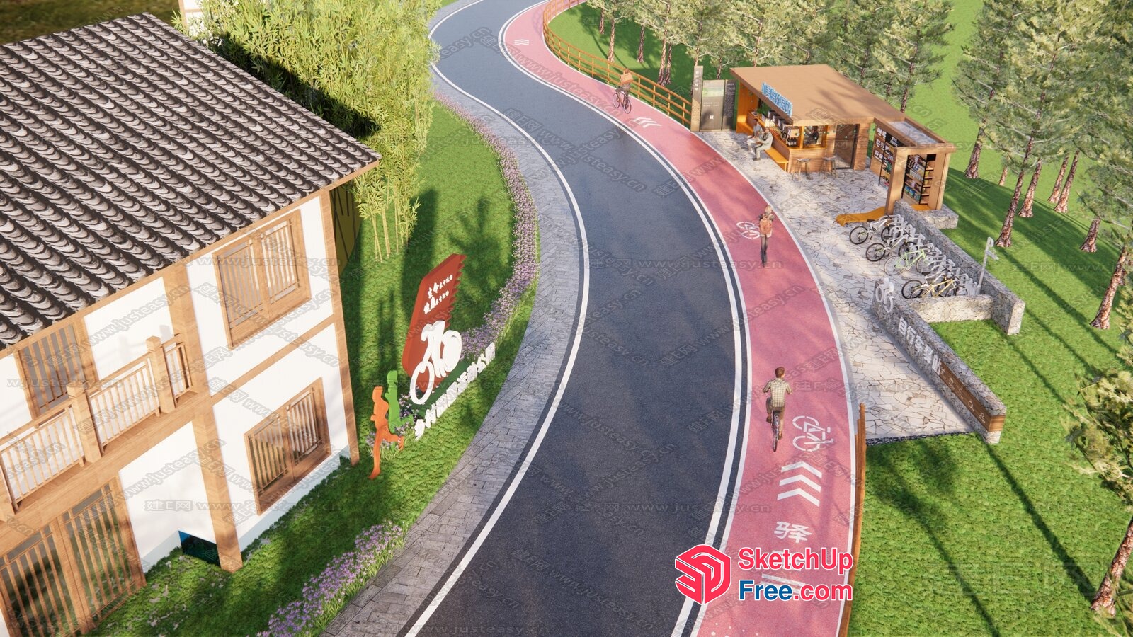 Curved Roadway With Bike Lane And Pavement 3D SketchUp File