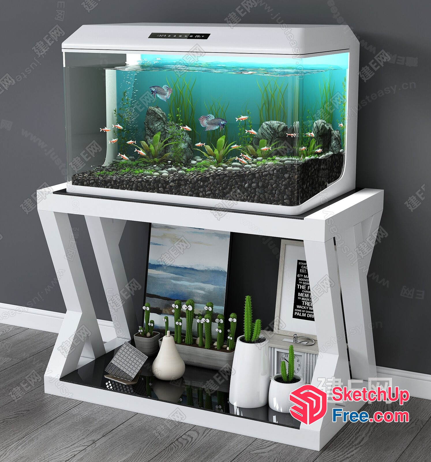 Modern Aquarium With Cactus Decorations And White Table 3D SketchUp File