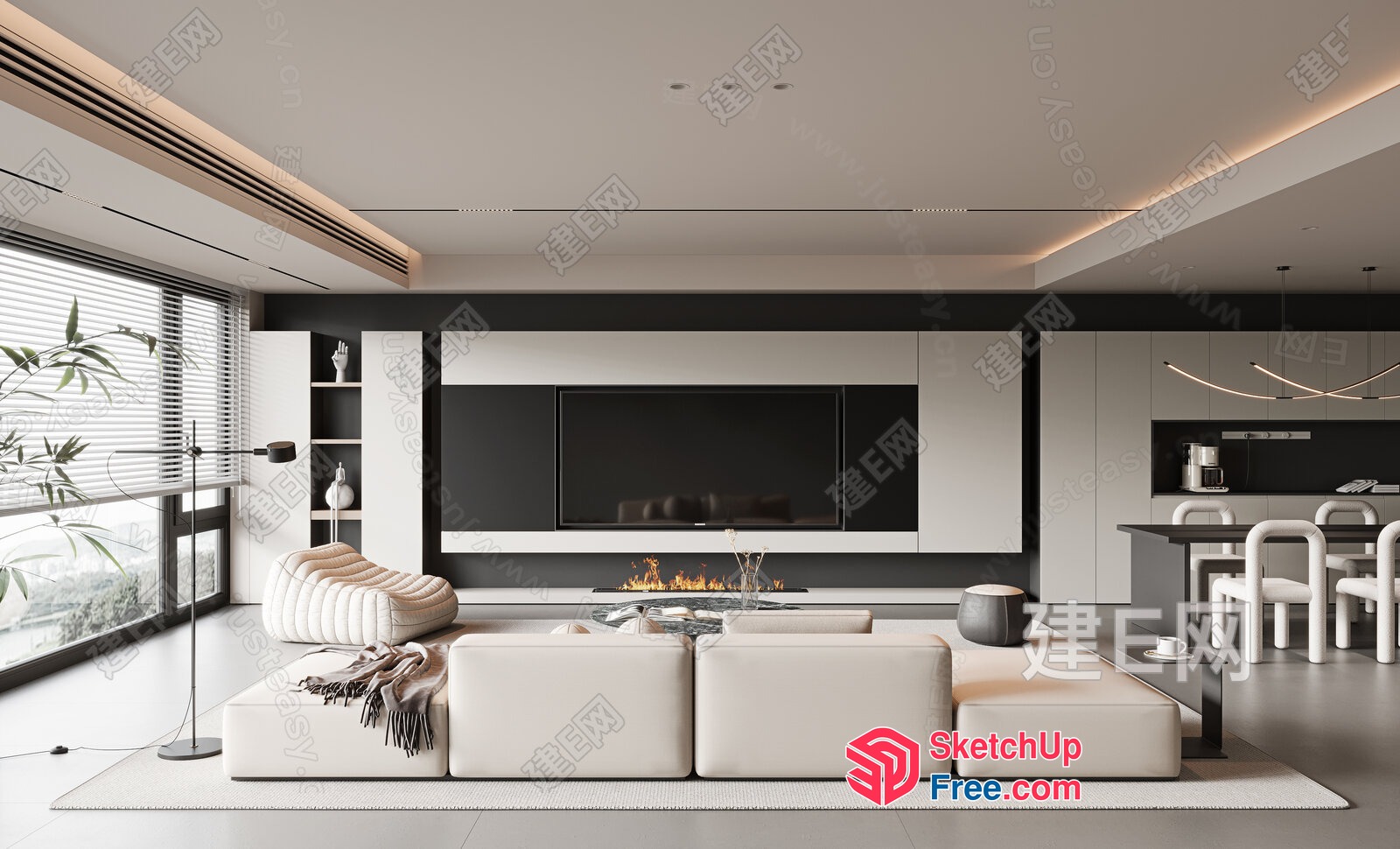 Modern Minimalist Living Room With White Sofa And Fireplace 3D SketchUp File