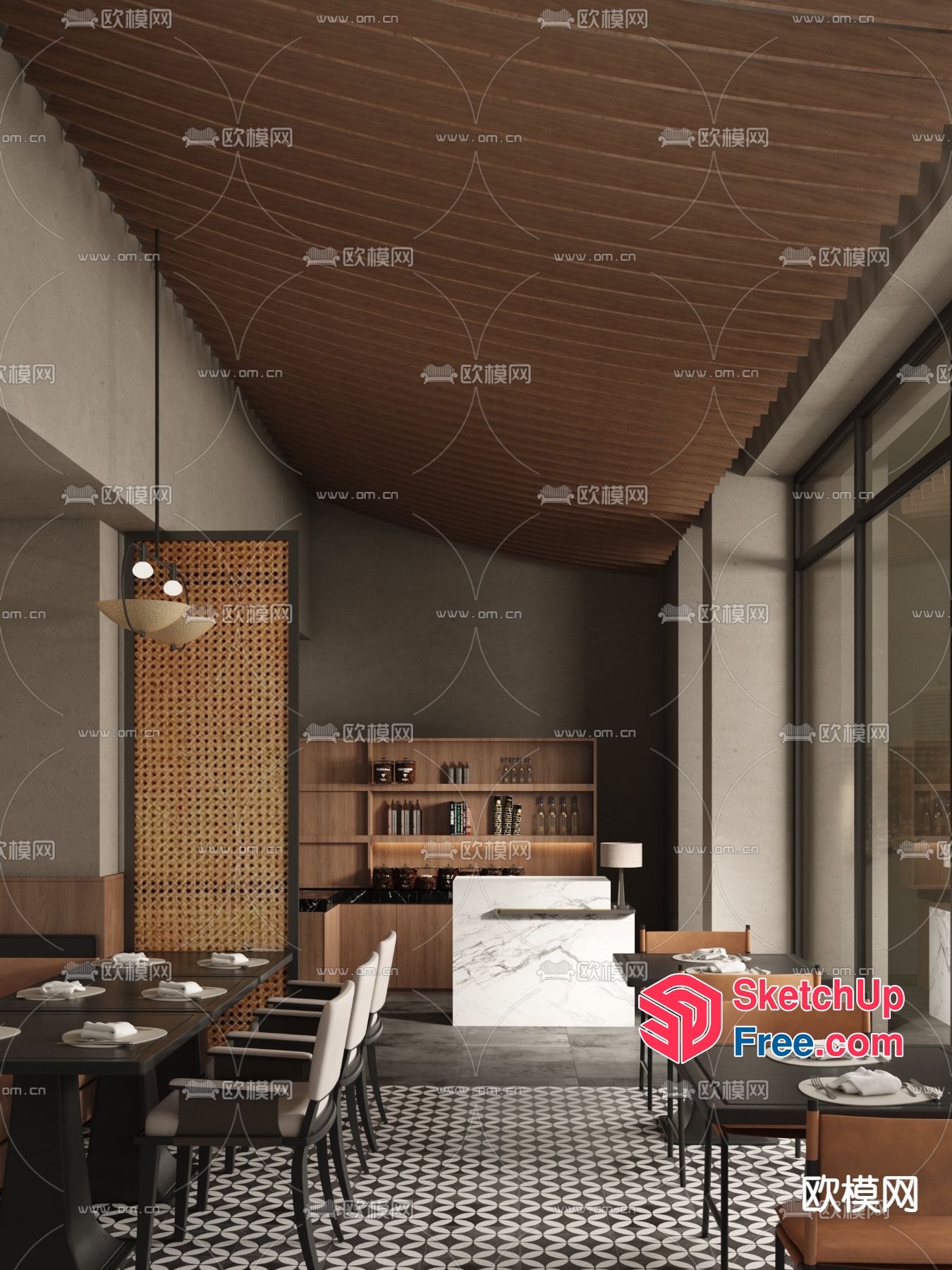 Modern Restaurant Interior With Wood Ceiling And Patterned Floor 3D SketchUp File