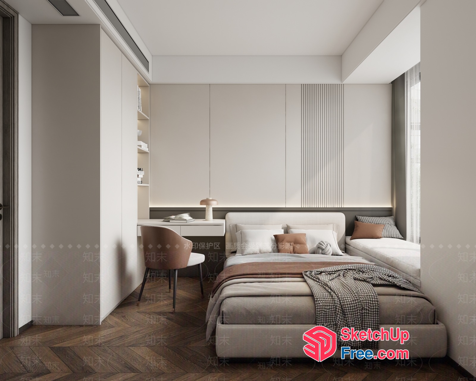 Modern Bedroom Interior With Bed, Desk, And Bookcase 3D SketchUp File