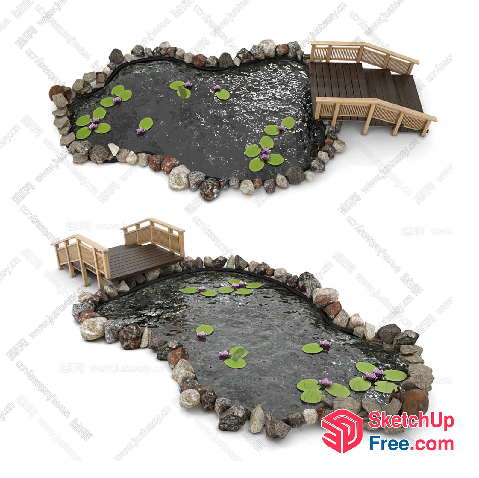 Serene Water Feature With Wooden Deck 3D SketchUp File
