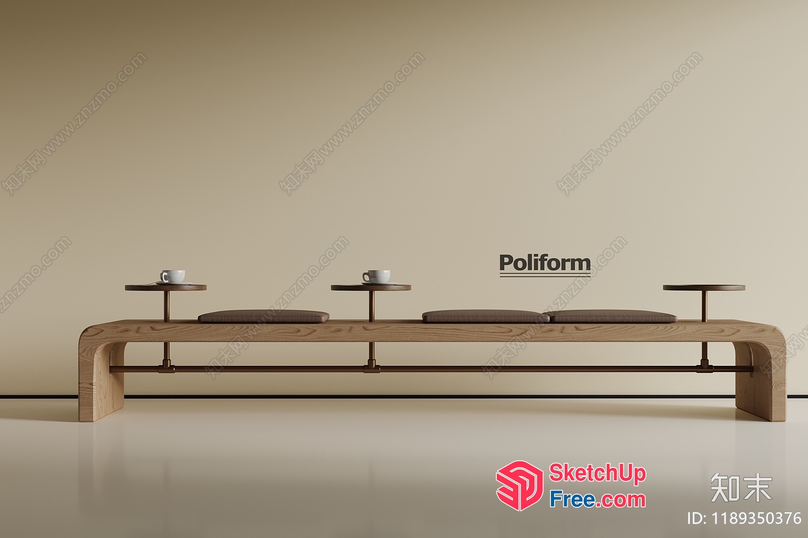 Long, Low, Curved Wood Bench With Integrated Tables 3D SketchUp File