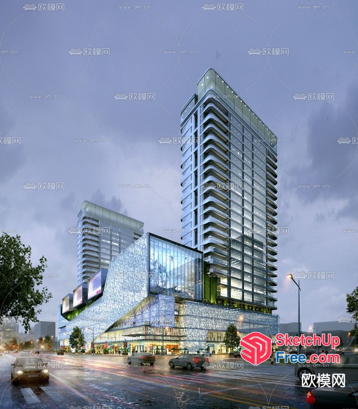 Modern Commercial Street Building With Glass Curtain Wall 3D SketchUp File