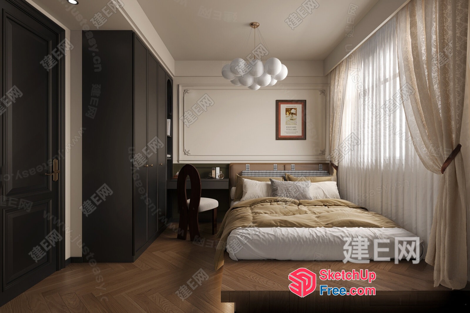 Cozy European-Style Bedroom With Elegant Bed And Chandelier 3D SketchUp File