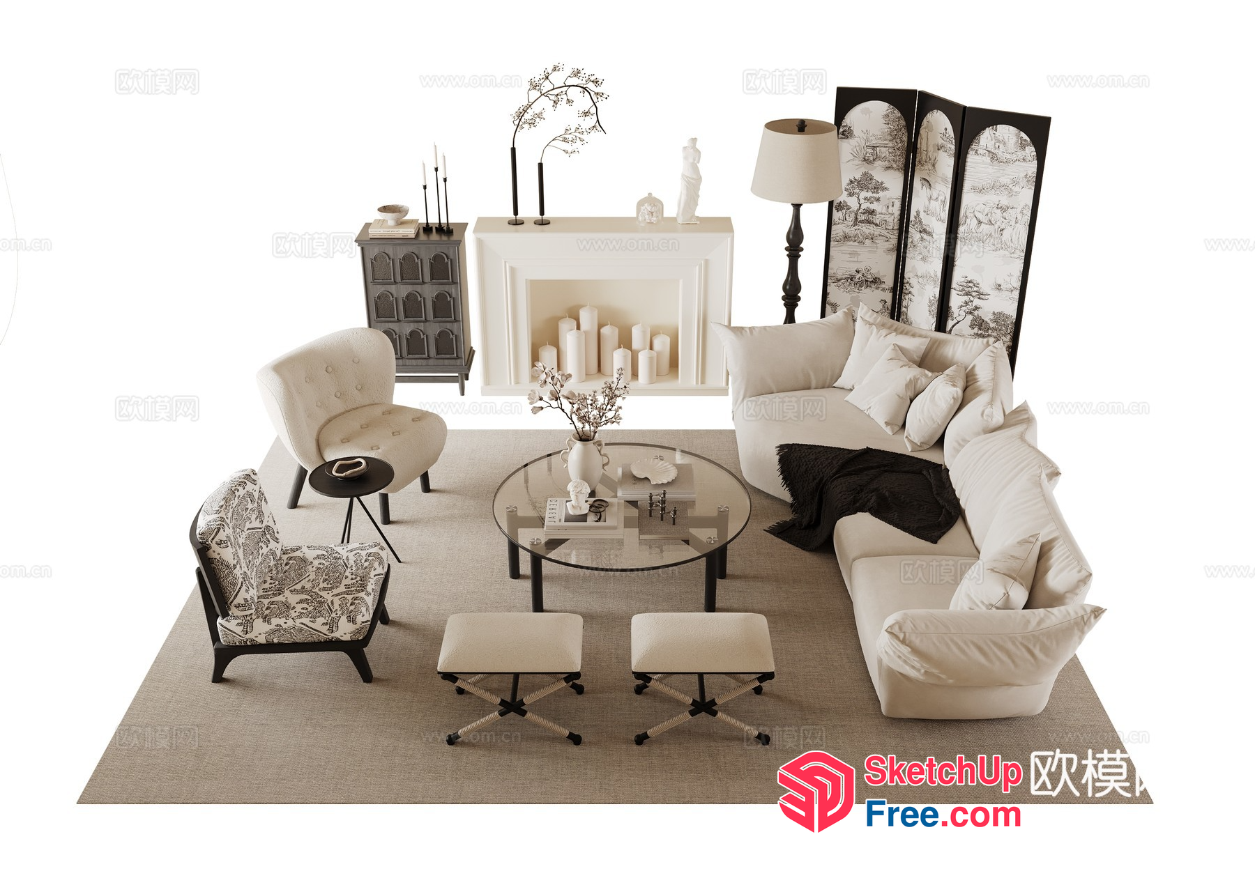 Elegant White And Creamy Style Living Room Decor 3D SketchUp File