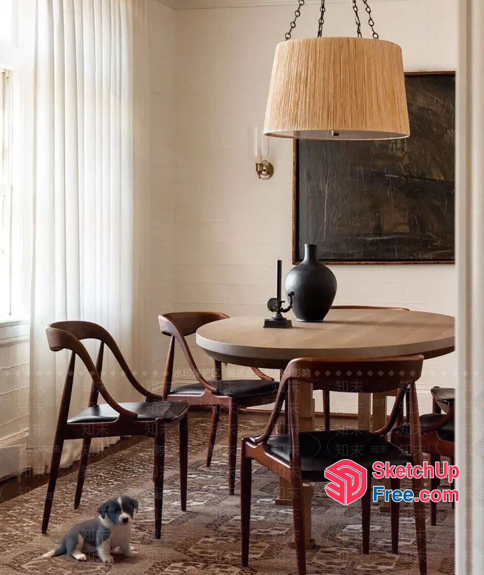 Elegant Dining Room With Hanging Lamp And Artwork 3D SketchUp File