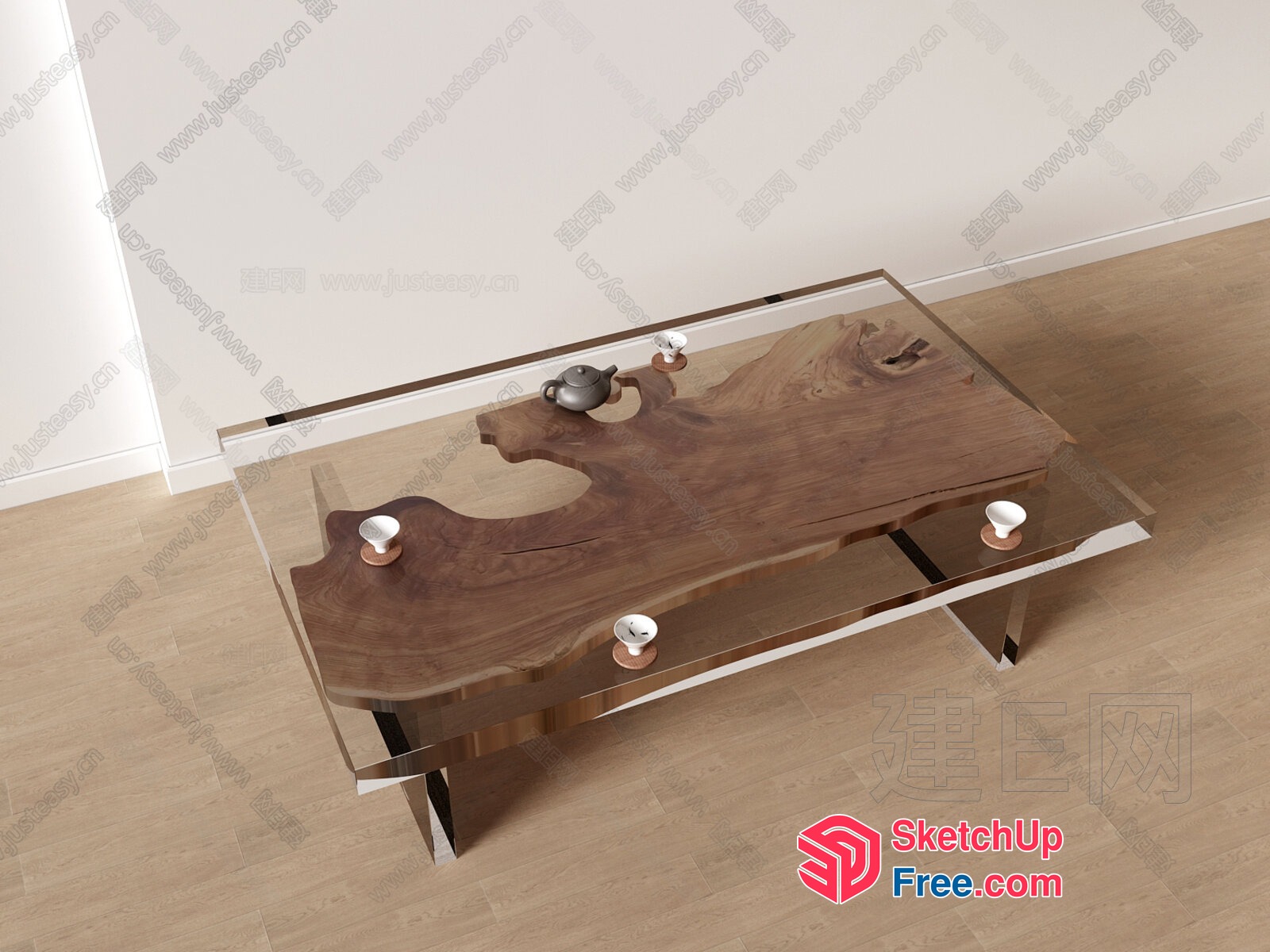Modern Glass-Top Coffee Table With Unique Wooden Base 3D SketchUp File