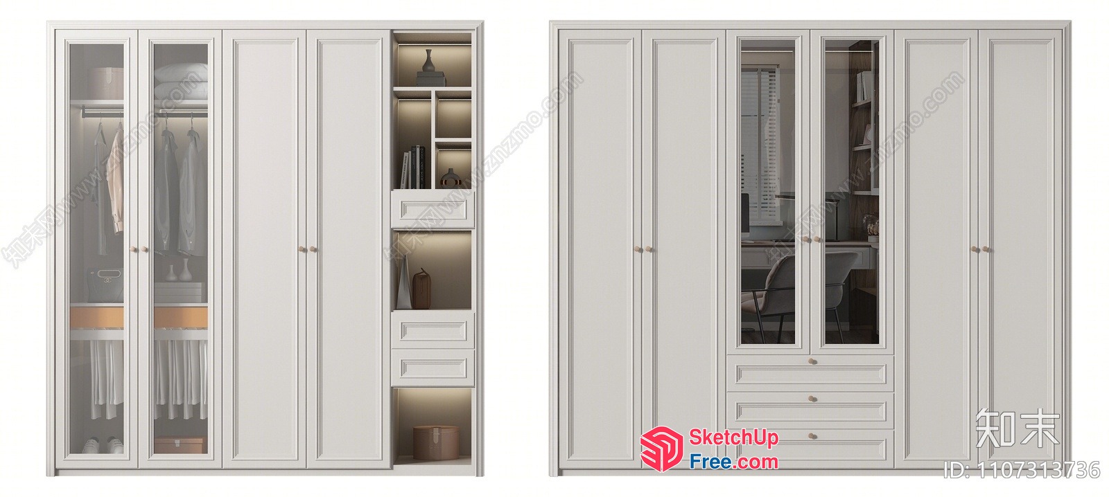 White Wardrobe With Glass Doors And Drawers 3D SketchUp File