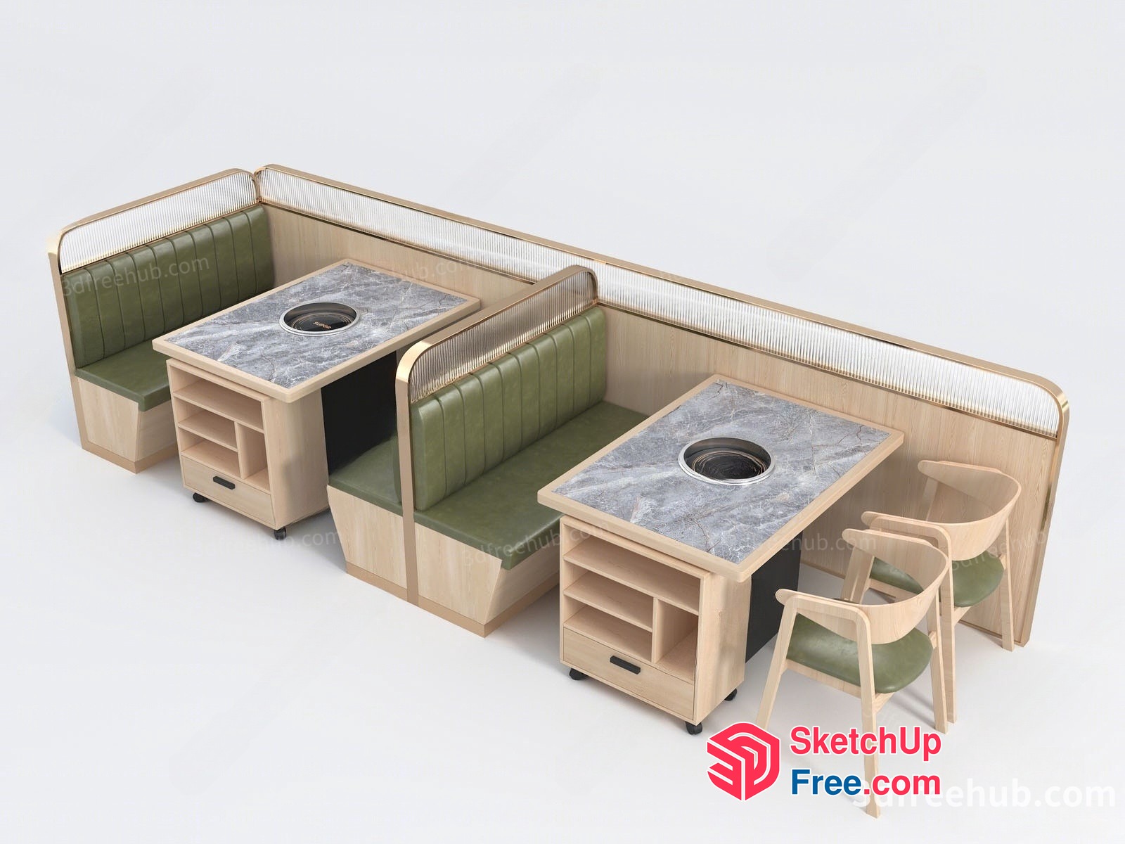Modern Dining Area With Marble Tables And Green Seating 3D SketchUp File
