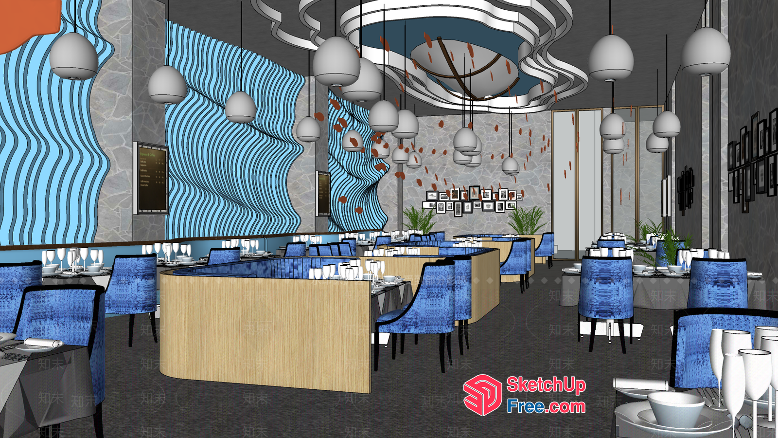 Elegant Dining Room With Blue Chairs And White Hanging Lights 3D SketchUp File