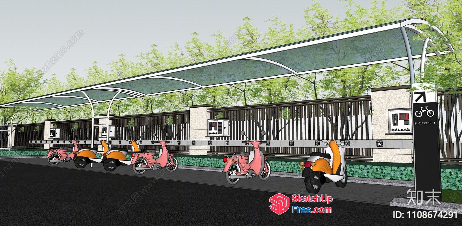 Outdoor Seating Area With Glass Canopy And Scooters 3D SketchUp File