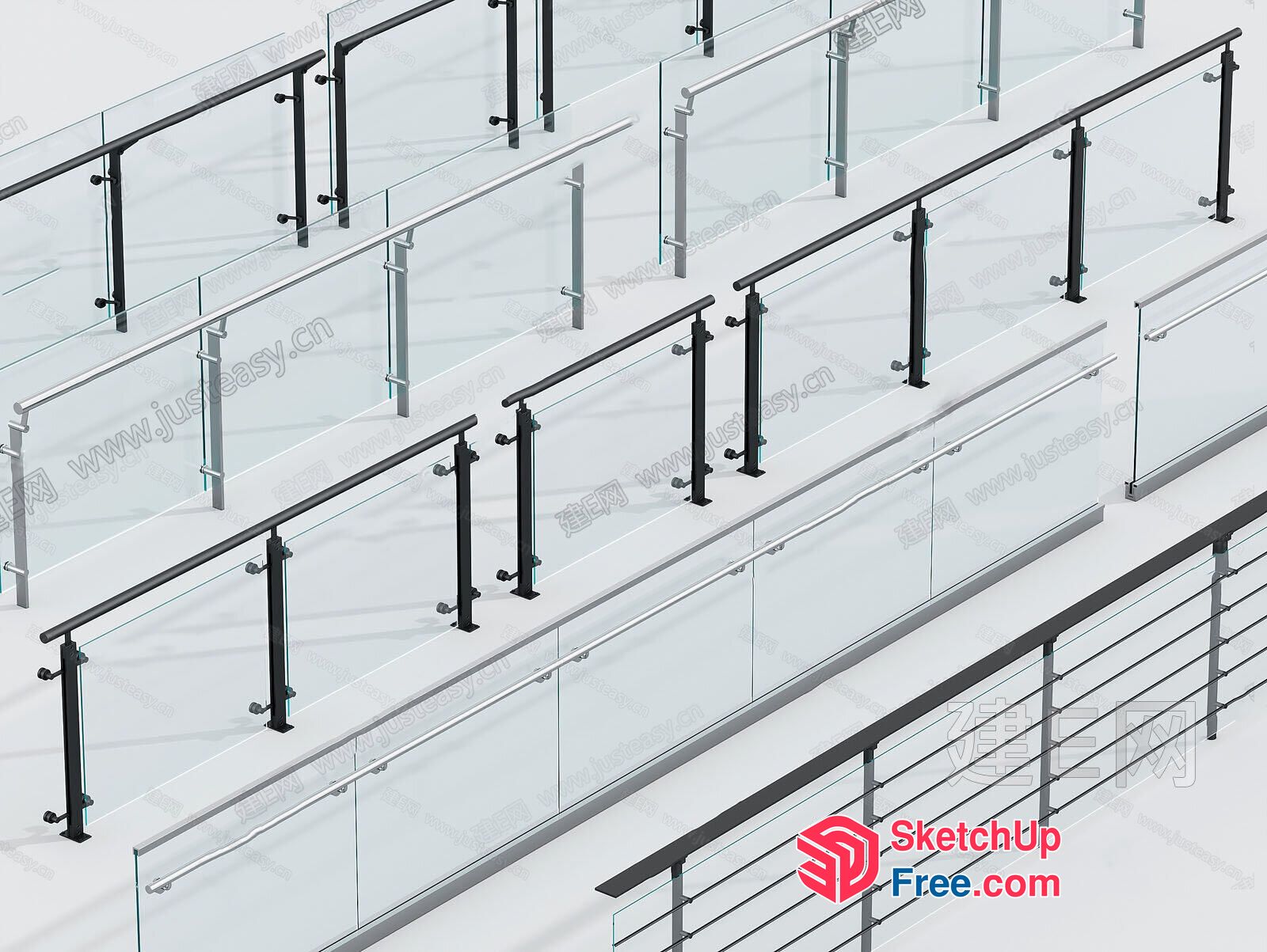 Staircase With Glass Panels And Metal Railings 3D SketchUp File