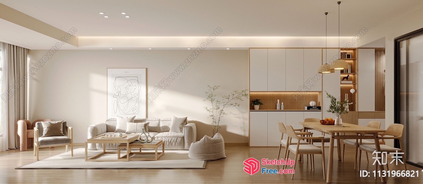 Modern Minimalist Japanese Style Living Room With Dining Area 3D SketchUp File