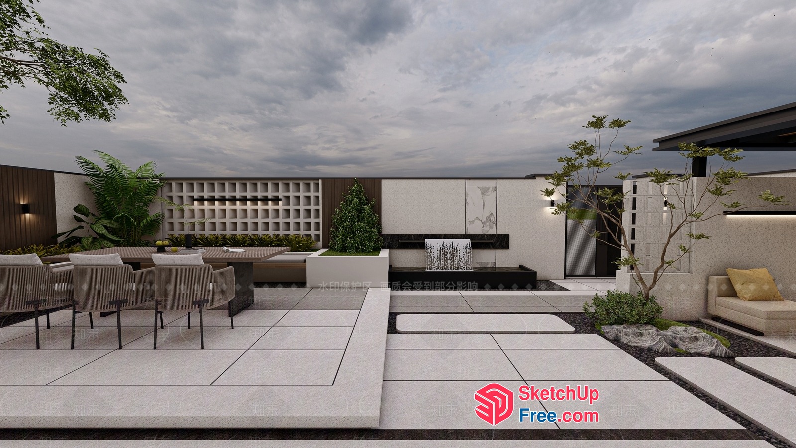 Modern Outdoor Space With Water Feature And Seating 3D SketchUp File