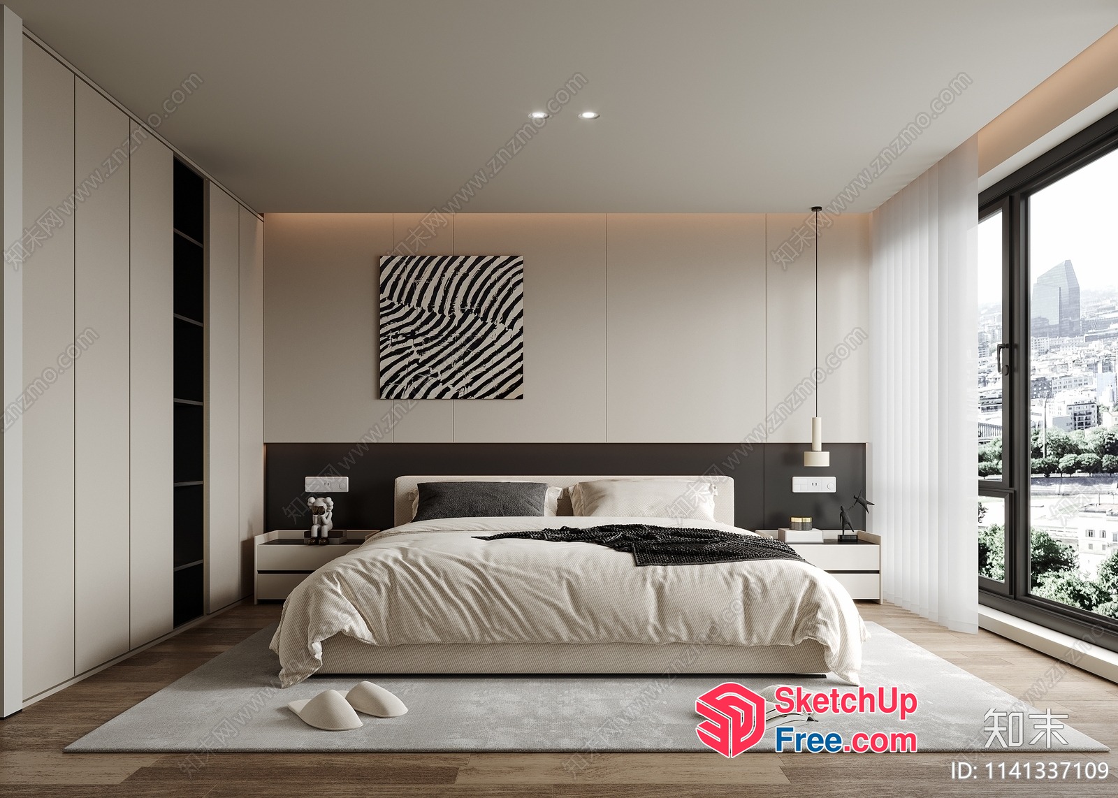 Modern Minimalist Bedroom Interior With White And Brown Decor 3D SketchUp File