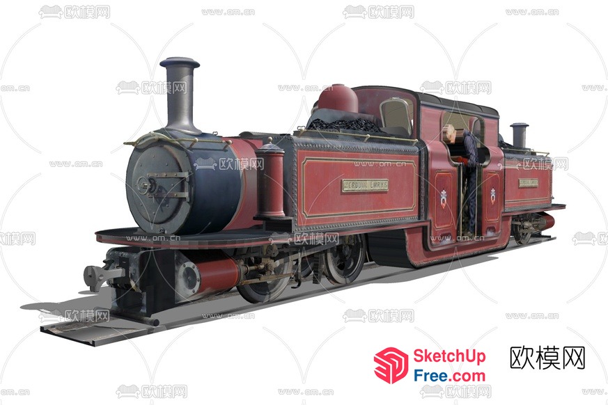 Vintage Red Steam Locomotive With Train Car 3D SketchUp File
