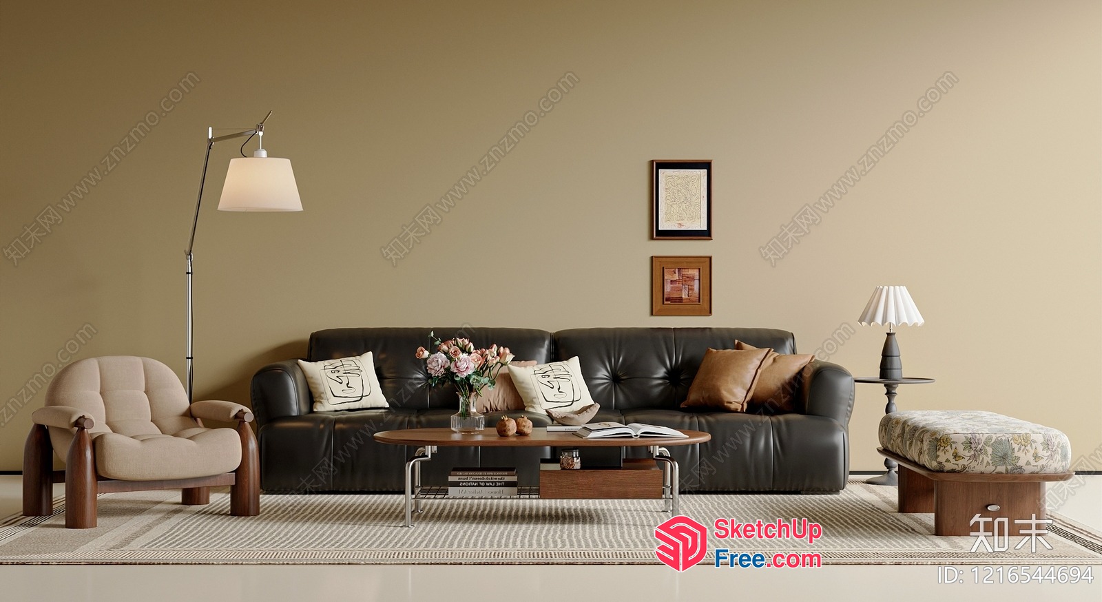 Modern Living Room With Dark Sofa And Creamy Style 3D SketchUp File