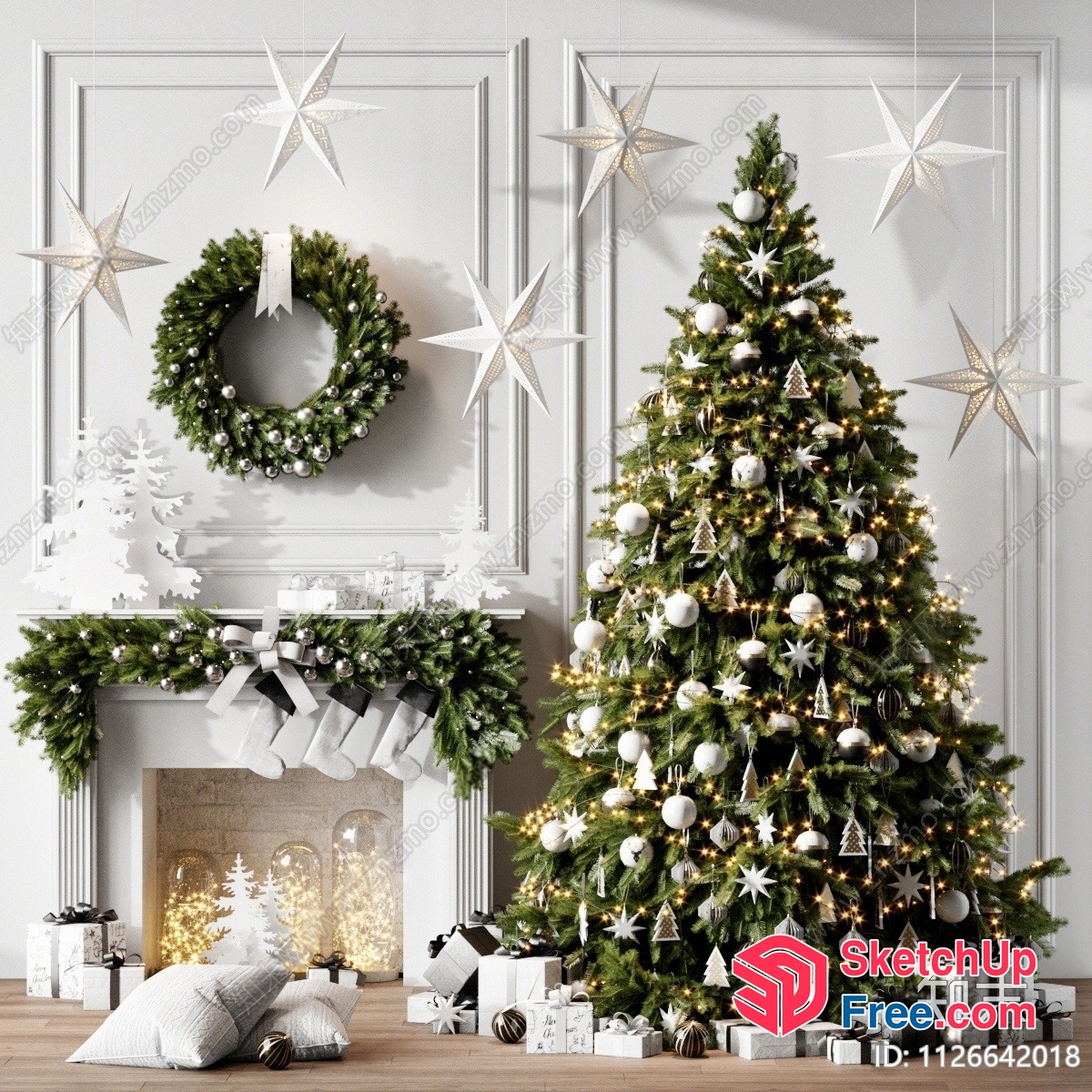 Elegant White And Green Christmas Decorations In A Modern Room 3D SketchUp File