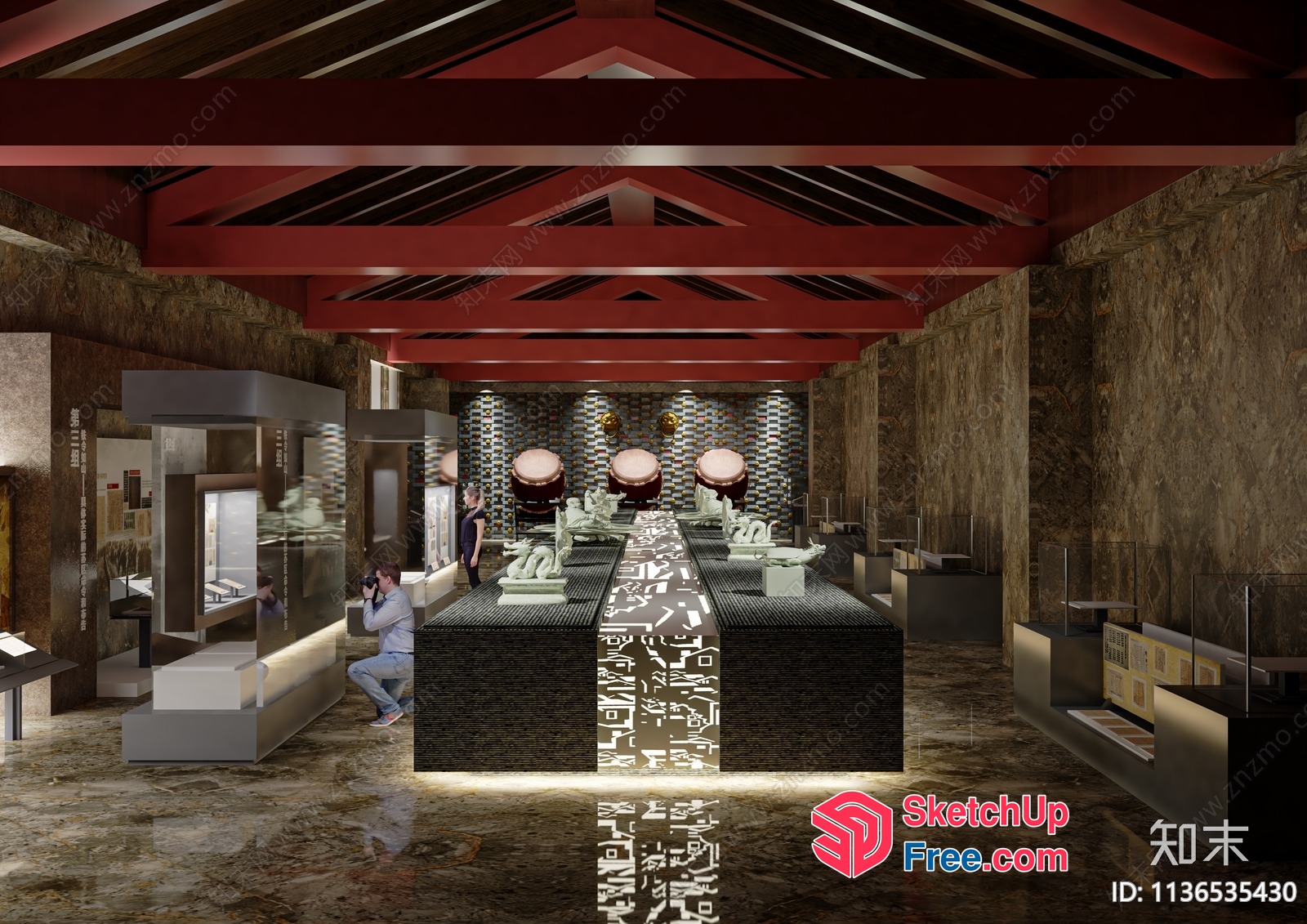 Museum Interior With Stone Walls And Red Beams 3D SketchUp File