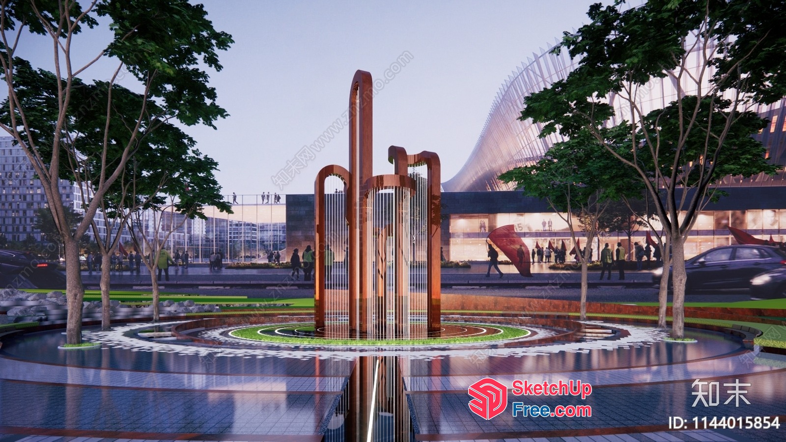 Modern Urban Plaza With Unique Water Feature And Trees 3D SketchUp File