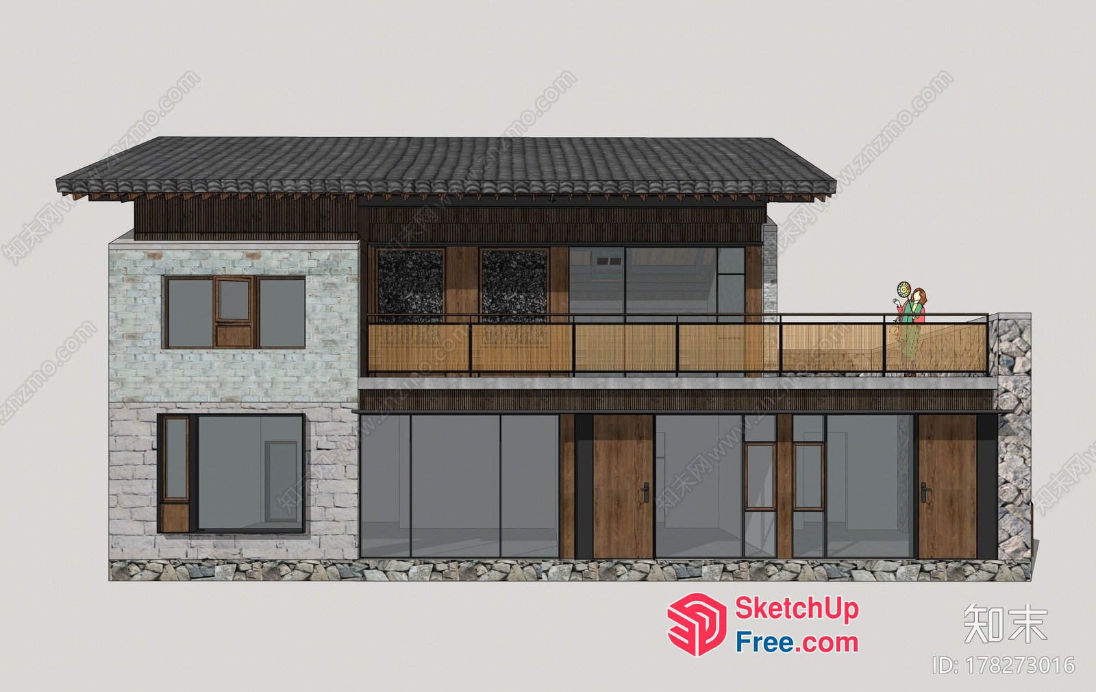 Two-Floor Exterior With Balcony And Stone Accents 3D SketchUp File