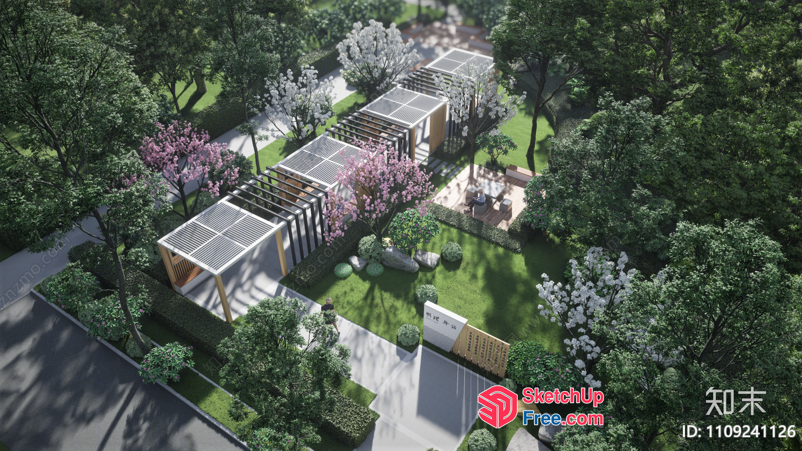 Aerial View Of A Serene Outdoor Space With A Row Of Buildings And A Well-Manicured Lawn 3D SketchUp File