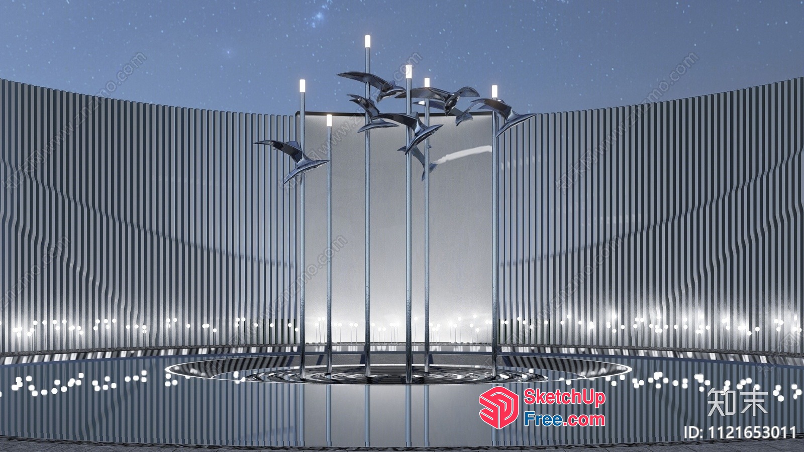 Modern Glass Curtain Wall With Birds And Lights 3D SketchUp File