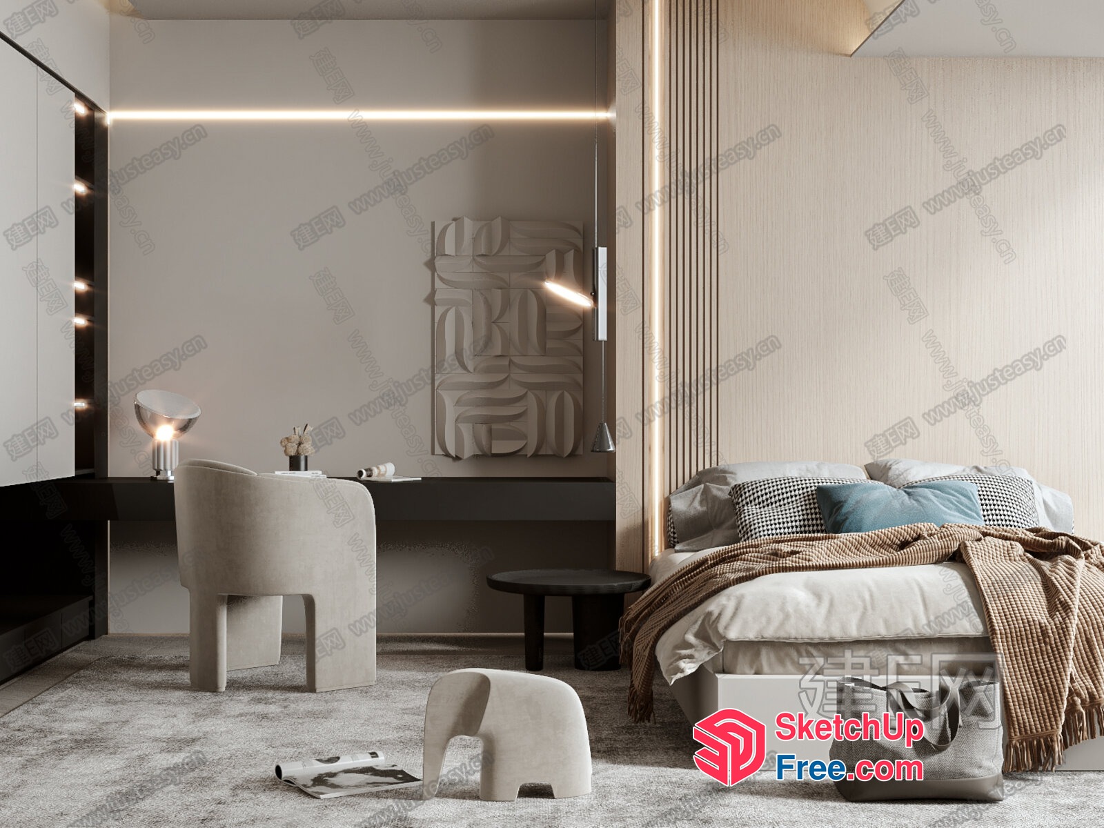 Minimalist Style Bedroom With Modern Furniture And Lighting 3D SketchUp File