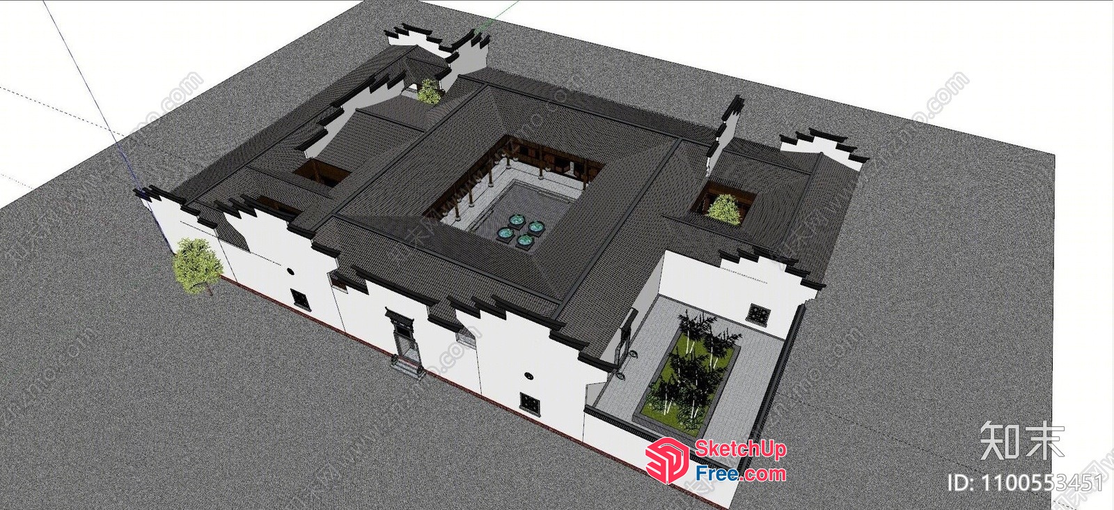 Asian Style Building With Courtyard And Traditional Roof 3D SketchUp File