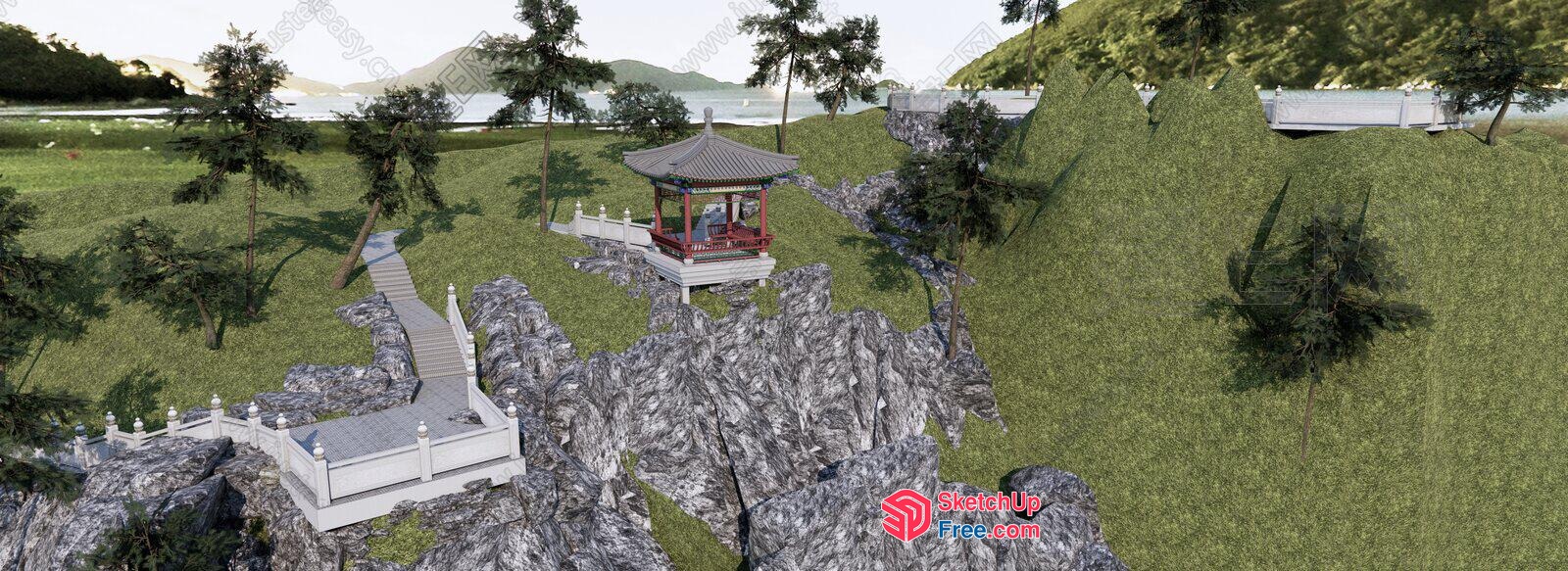 Serene Asian-Inspired Pavilion Scene 3D SketchUp File