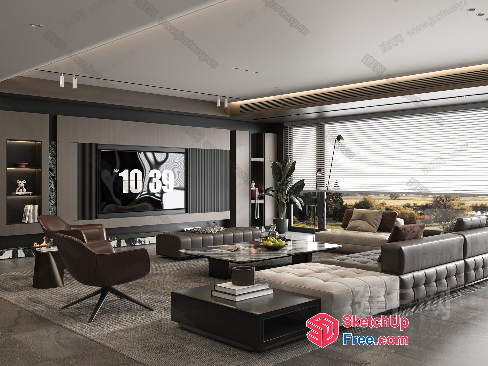 Modern Living Room With Large Tv And Leather Furniture 3D SketchUp File