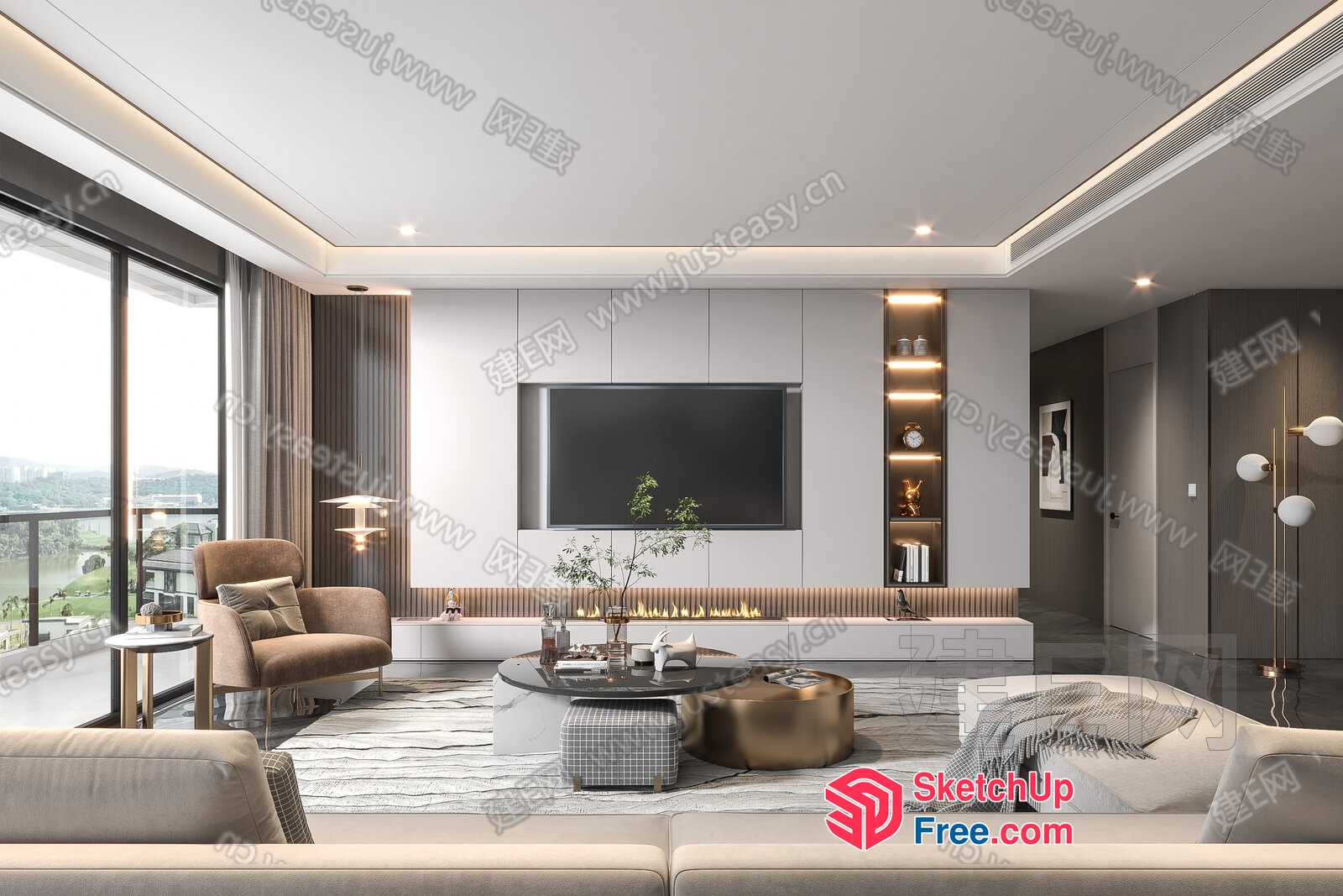 Elegant And Modern Living Room Design With Tv And Fireplace 3D SketchUp File